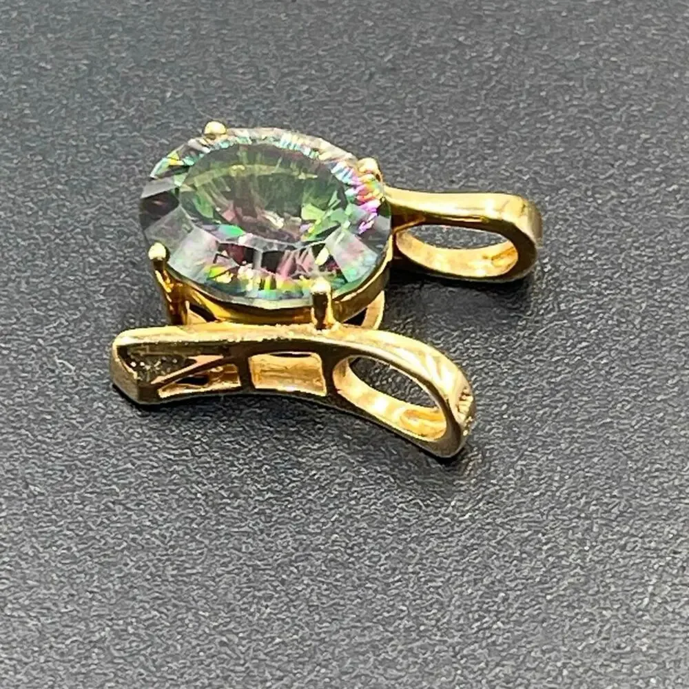 Yellow Gold 14k, 5 Ct Mystic Rainbow Topaz Glowing Gemstone Pendant Slider 3.7gr